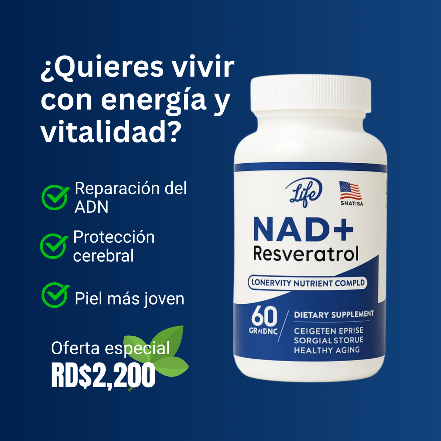 NAD+ Resveratrol Premium | Regeneración Celular + Antiedad | Protege Cerebro, Piel y Corazón