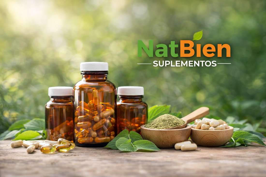 Tres frascos de suplementos naturales colocados en un entorno natural, representando bienestar, salud y nutrición diaria.