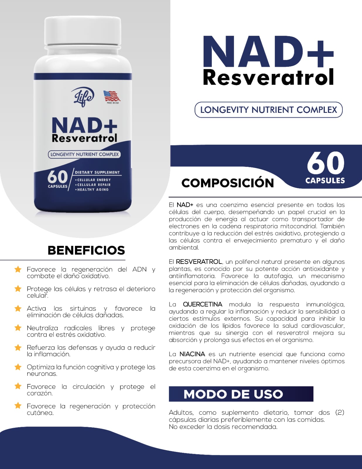 NAD+ Resveratrol Premium | Regeneración Celular + Antiedad | Protege Cerebro, Piel y Corazón